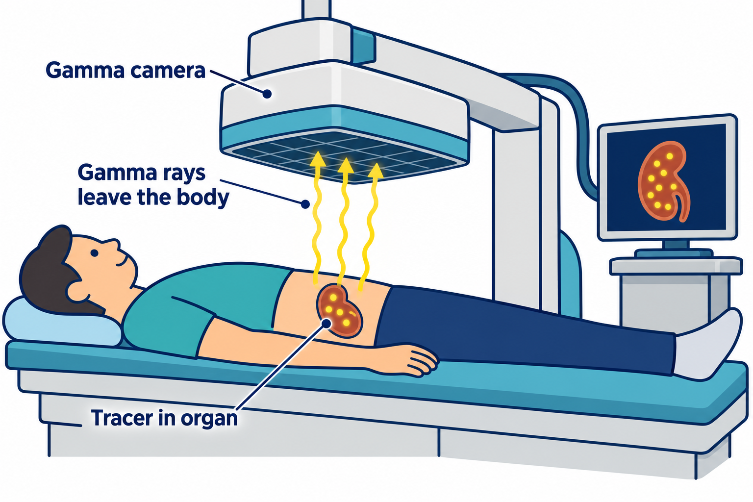 A cartoon patient lies beneath a gamma camera. Radiation leaves a tracer inside an organ and reaches the detector above.