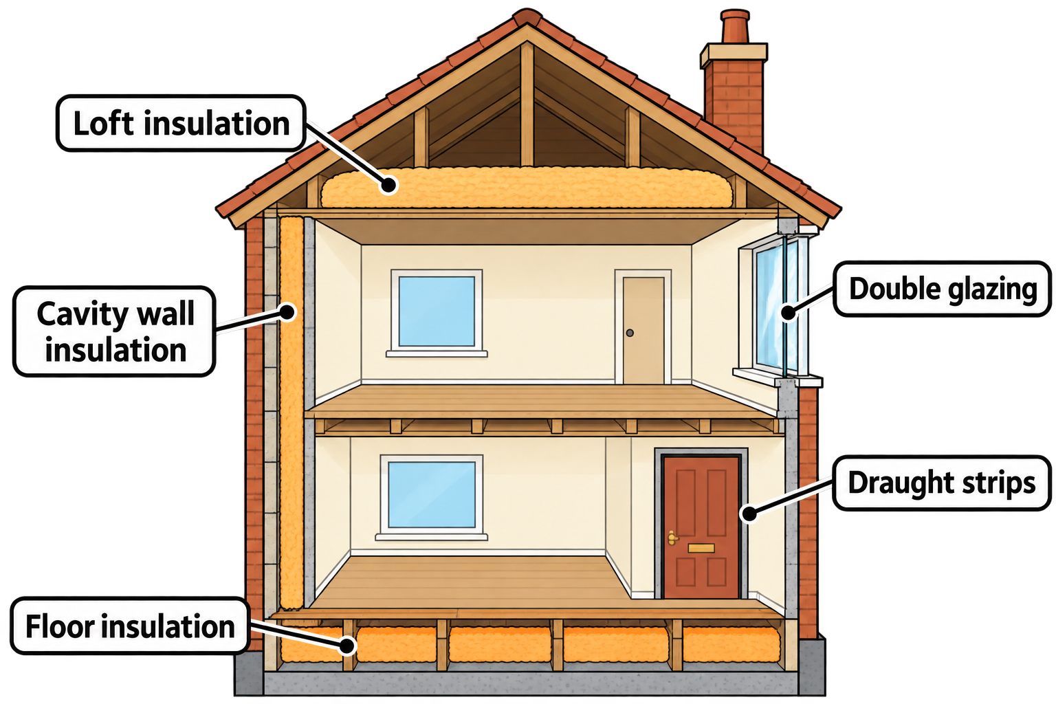 Cutaway house with thick loft insulation, insulation in the wall cavity and below the ground floor, double glazing and draught strips around the door.