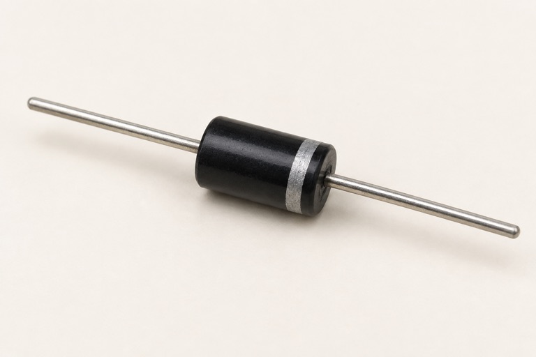 Black cylindrical diode with a silver polarity band and two wire leads