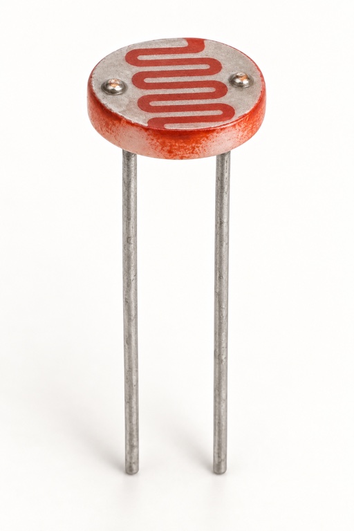 Light-dependent resistor with an upward-facing serpentine sensing surface and two leads beneath the disc