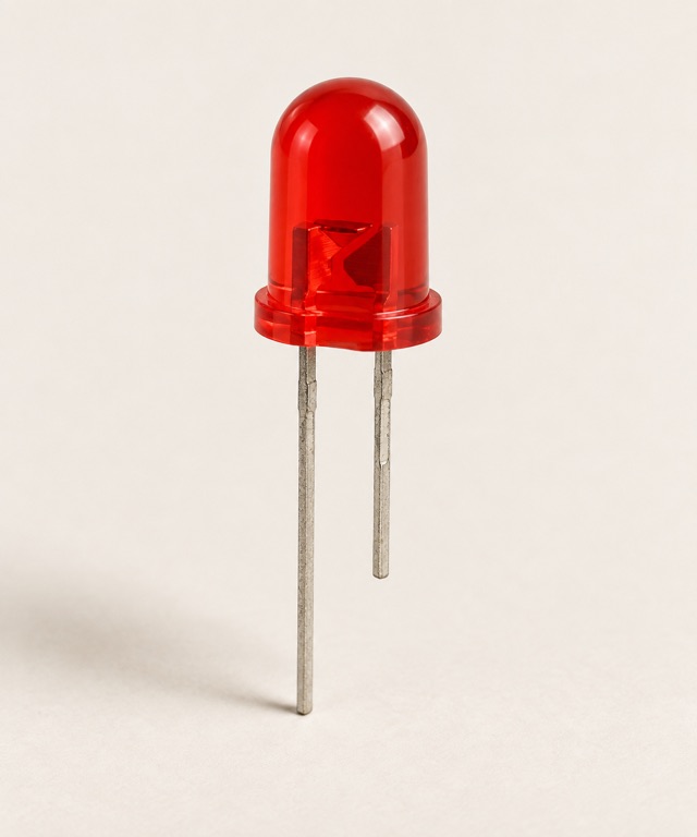 Red light-emitting diode with a rounded plastic case and two wire leads