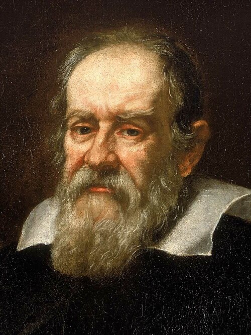 Painted portrait of Galileo, an old man with a white beard looking upwards