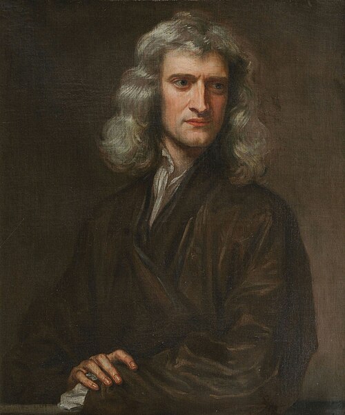 Painted portrait of Isaac Newton as a middle-aged man with long gray hair, in a dark gown