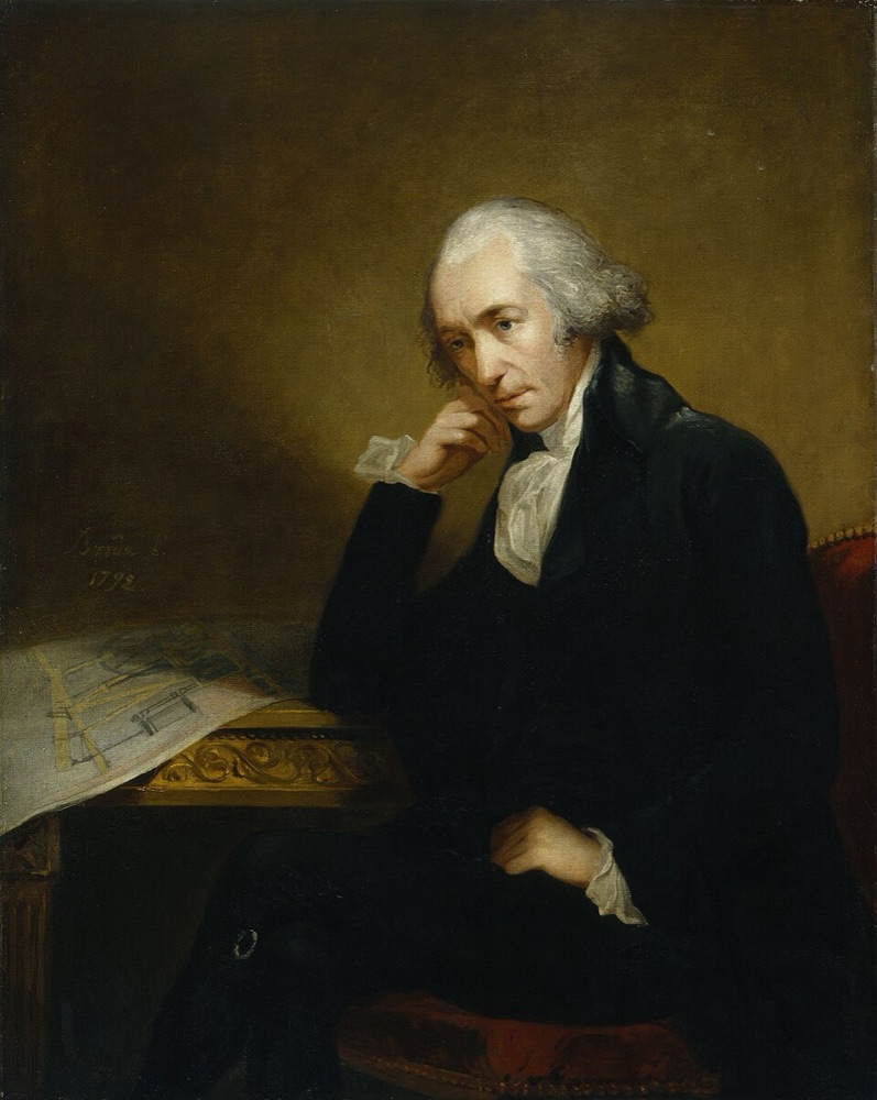 Painted portrait of James Watt, a gray-haired man in a dark coat, seated with a drawing of an engine in front of him