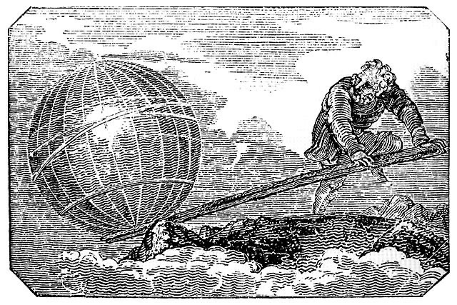 Engraving of a bearded man pushing down on the end of a long lever resting on a rock, lifting a globe of the Earth at its other end