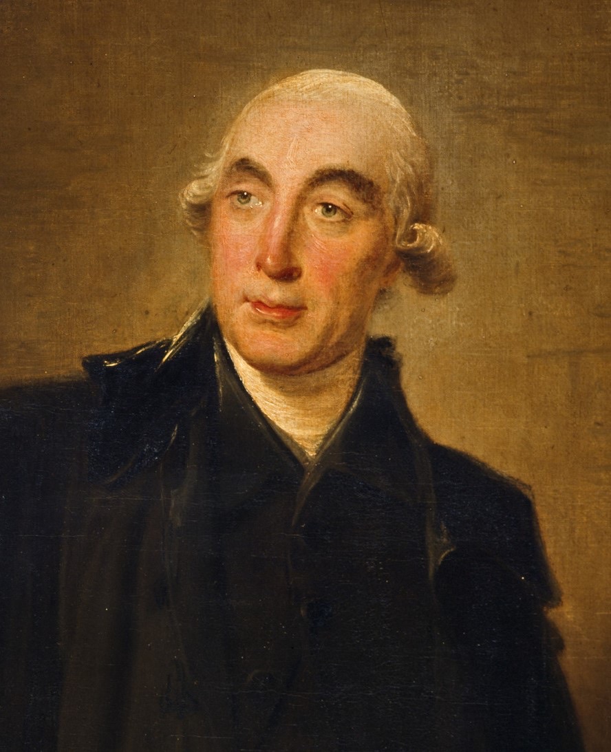Painted portrait of Joseph Black, an older man with white hair at the sides of his head, wearing a dark gown
