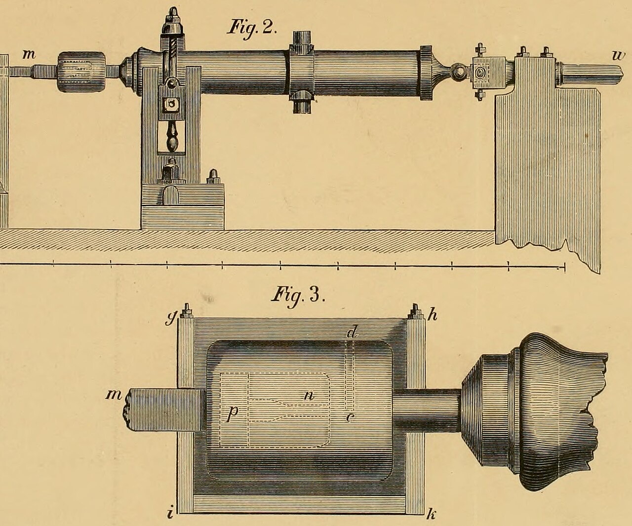 Engraving of a cannon barrel held in a boring machine, and below it a section through a box of water fitted round the end of the barrel