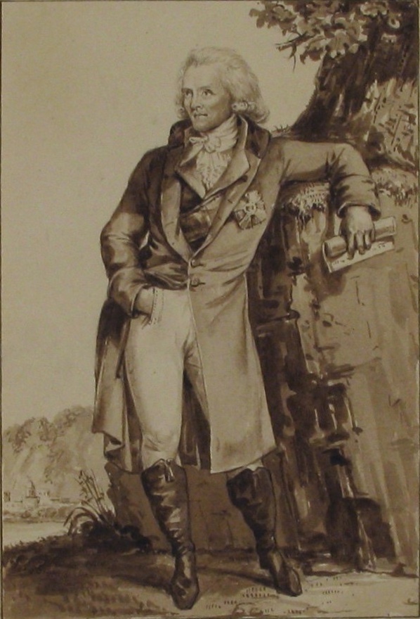 Ink drawing of Count Rumford, a man in a long coat and riding boots leaning against a rock under a tree, holding a rolled paper