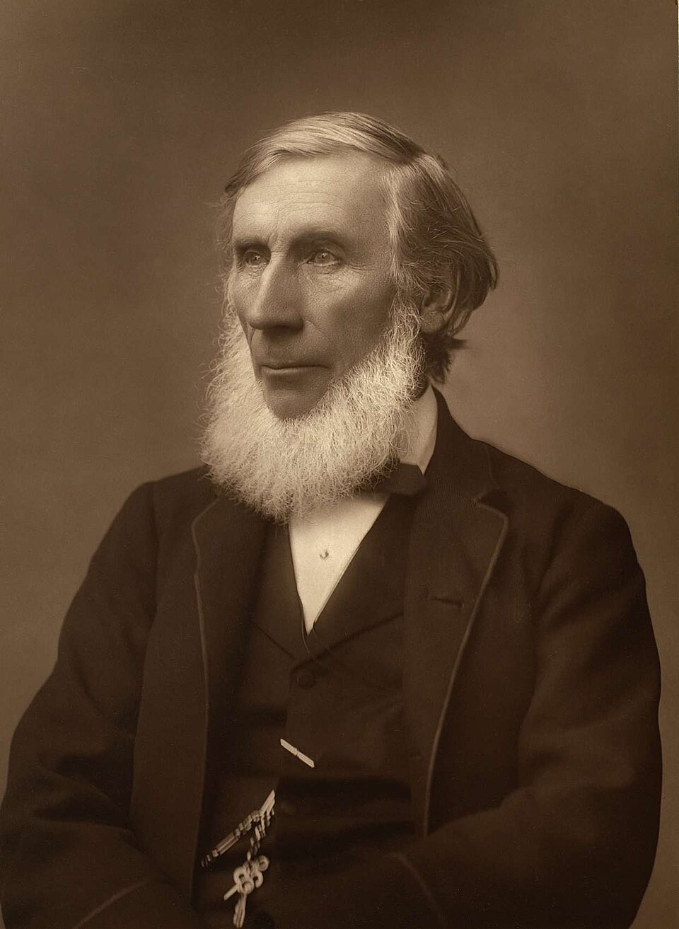Photograph of John Tyndall, an elderly man with a long white beard, seated in a dark coat