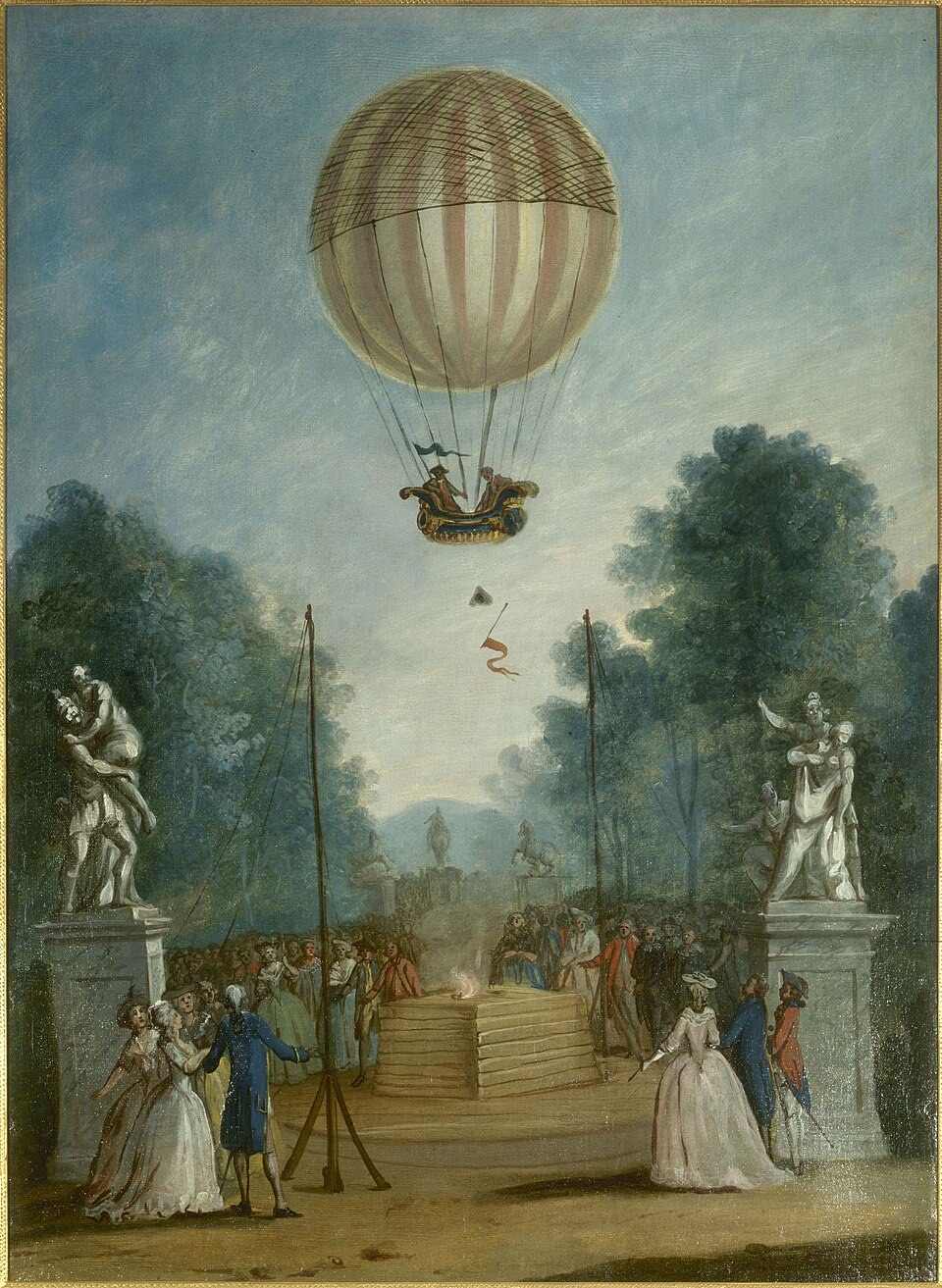 Painting of a striped balloon carrying two men in a boat-shaped basket, rising above a crowd in a garden with statues