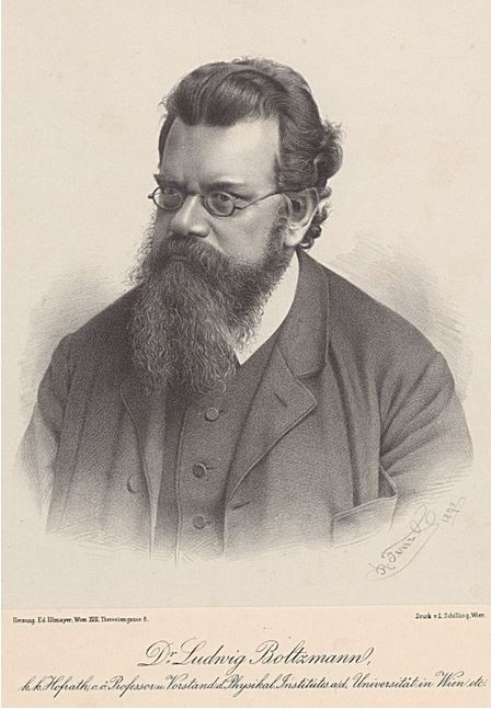 Photographic portrait of Ludwig Boltzmann, a man with a full beard and small round glasses