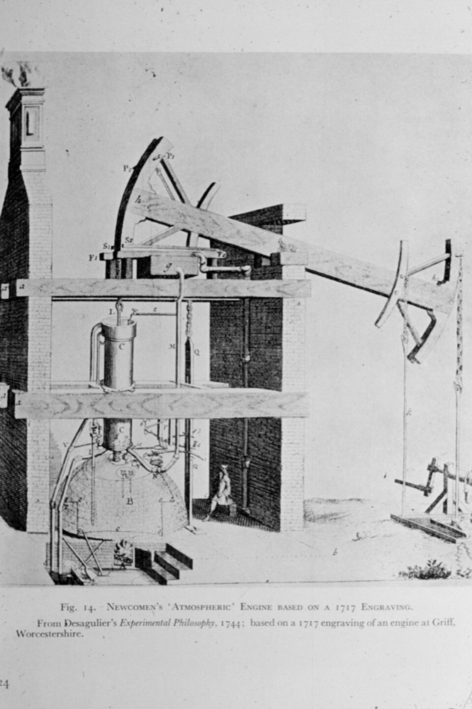 Engraving of an early steam engine: a brick boiler and furnace below a vertical cylinder, whose piston hangs from one end of a large rocking beam with pump rods on the other end