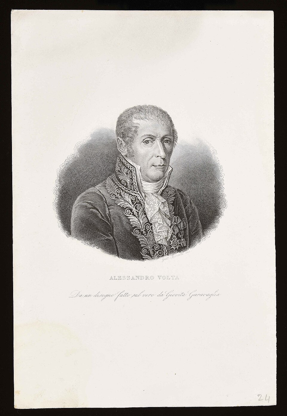Engraved portrait of Alessandro Volta, a man in a high-collared coat