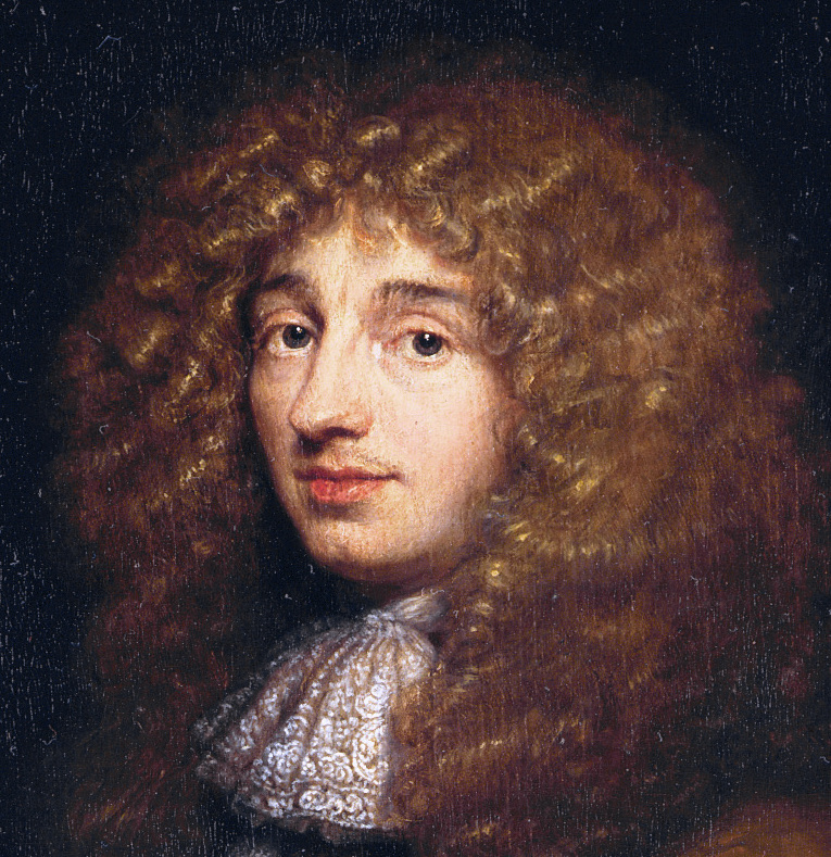 Painted portrait of Christiaan Huygens, a man with long dark curled hair and a lace collar