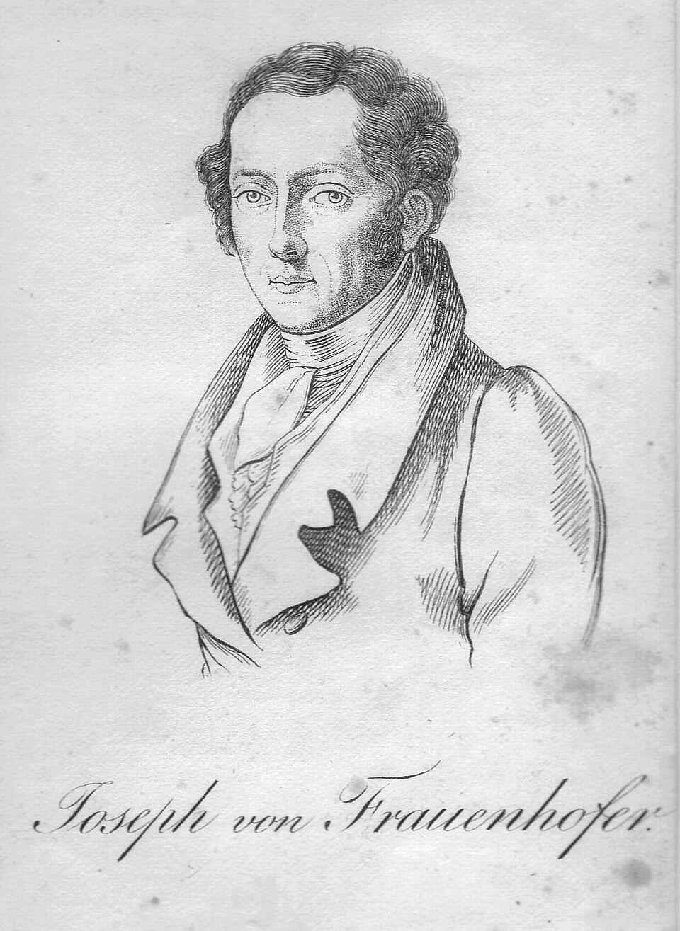 Portrait of Joseph von Fraunhofer, a young man with curly hair in a dark coat with a high collar