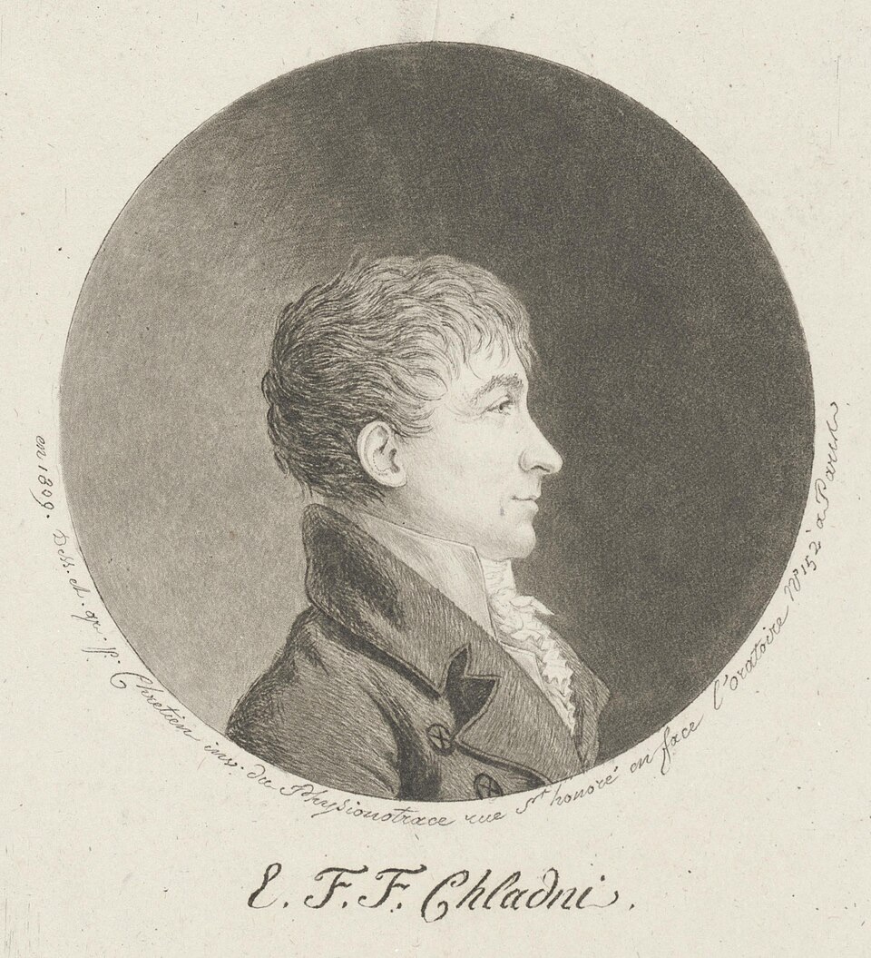 Engraved profile portrait of Ernst Chladni, a man with curly hair in a dark coat
