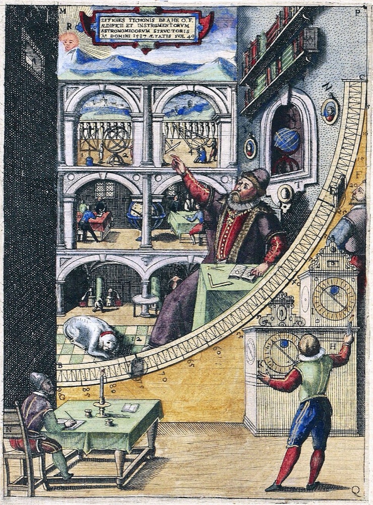 Colored engraving of Tycho Brahe seated inside his observatory, pointing upwards, beside a large brass quadrant fixed to the wall, with assistants reading the instrument and a clock