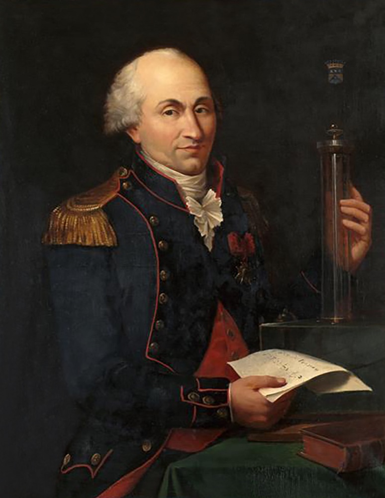 Painted portrait of Charles-Augustin de Coulomb in a dark coat with a powdered wig, holding a brass instrument