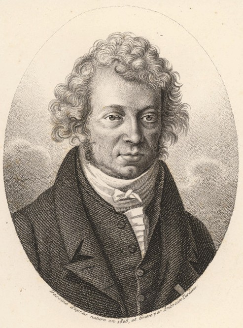 Engraved portrait of André-Marie Ampère, a man with curly hair in a high-collared coat