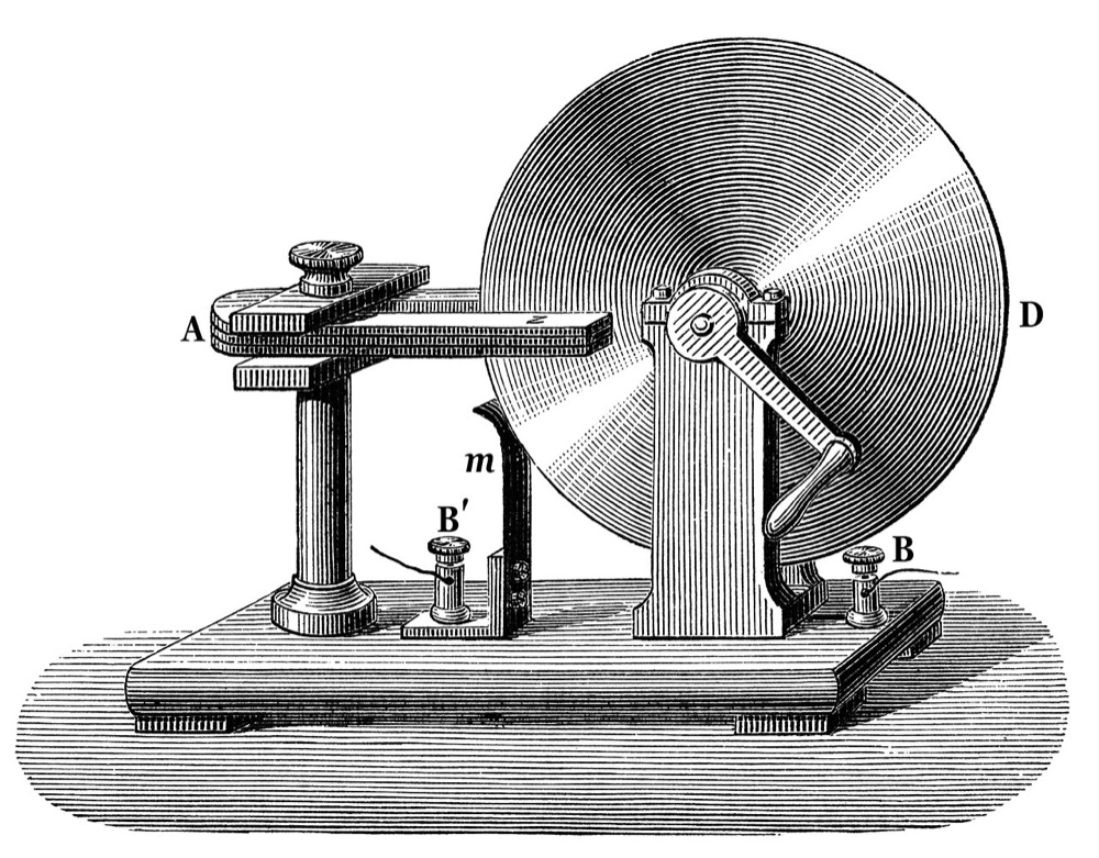 Engraving of a copper disk mounted on an axle between the poles of a horseshoe magnet, with a handle to turn it and sliding contacts at its axle and rim