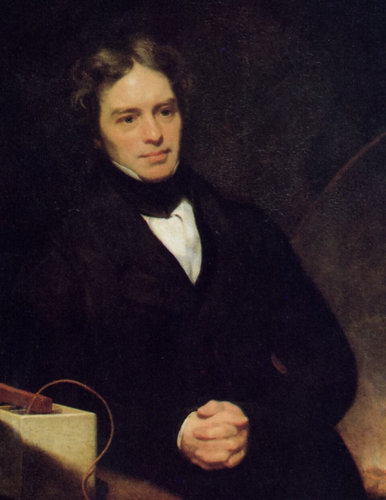 Painted portrait of Michael Faraday, a man with wavy gray hair in a dark coat and white cravat