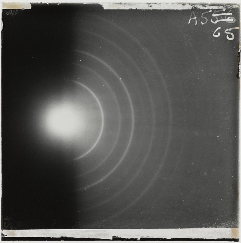 A dark photographic plate with a bright central spot surrounded by faint rings