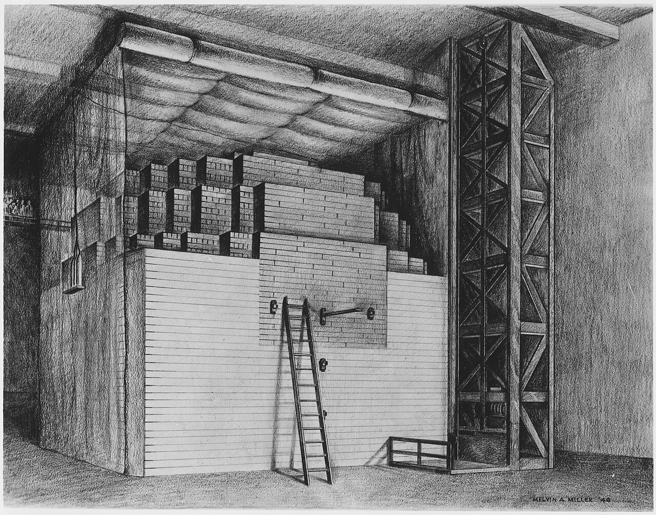 Drawing of a large stack of dark blocks, as tall as a room, built inside a timber frame with a ladder leaning against it